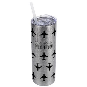 Elanze Designs Silvertone Sparkle 20 Ounce Double Wall Stainless Steel Glitter Travel Tumbler With Sliding Lid And Straw, I'd Rather Be Flying - 1 of 4