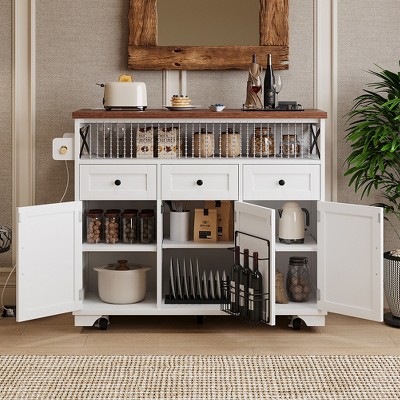 46.5'' Farmhouse Kitchen Island with Drape of Beads, Power Outlet, Rolling Kitchen Cart on Wheels with Drop Leaf, 3 Doors, 3 Drawers for Home