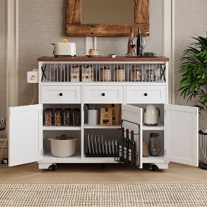 46.5'' Farmhouse Kitchen Island with Drape of Beads, Power Outlet, Rolling Kitchen Cart on Wheels with Drop Leaf, 3 Doors, 3 Drawers for Home - 1 of 4
