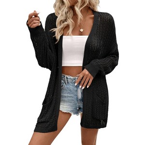 Womens Crochet Cardigan Long Sleeve Beach Cover Ups for Summer Long Cardigan with Pocket 2025 Summer Outfits - 1 of 1