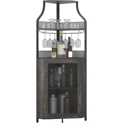 Acekool Corner Bar Cabinet, Burnt Wood Color Wine Rack with Glass Holder, Metal Frame, Space-Saving Storage