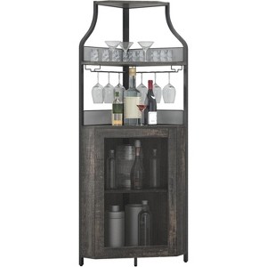 Acekool Corner Bar Cabinet, Burnt Wood Color Wine Rack with Glass Holder, Metal Frame, Space-Saving Storage - 1 of 4
