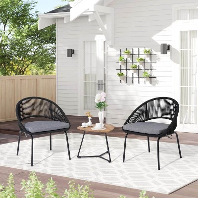 My Depot Outdoor Rattan Chair 3 Piece Set Woven Rope Furniture with Wooden Coffee Table and Cushioned Chairs for Garden, Backyard, Deck, Poolside