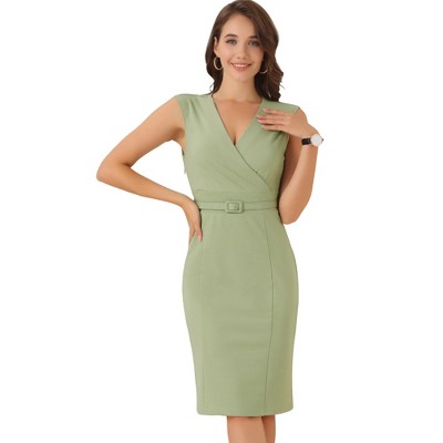INSPIRE CHIC Women's Sleeveless V Neck Business Office Belt Pencil Dresses