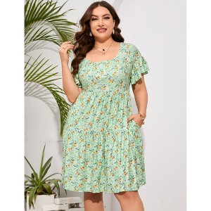 Plus Size Sundress with Short Sleeve Square Neck Ruffled Dress Smokced Wasit Tiered Dress Plus Size Peasant Dress Floral Prairie Dress - 1 of 4