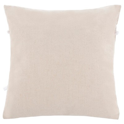 Beige and White Embroidered Square Pillow with Tassels