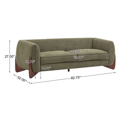 Olive Green Bouclé Fabric 3-Seater Sofa with Wood Legs