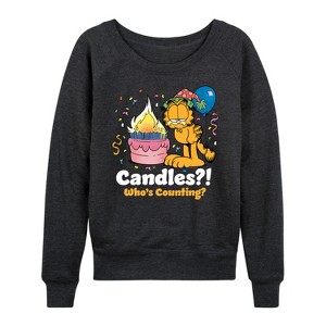 Women's - Garfield - Candles Who's Counting Lightweight French Terry Wide Neck Long Sleeve Shirt - 1 of 4