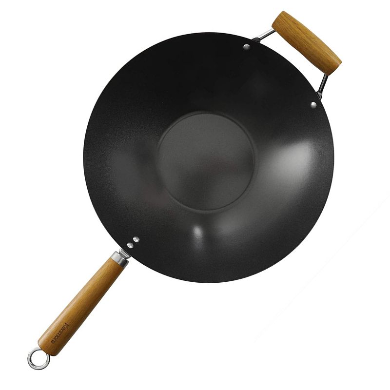 Kenmore Hammond 14 Inch Flat Bottom Carbon Steel Wok in Black with Wooden Handles, 2 of 8