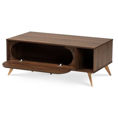Walnut Brown and Gold Mid-Century Modern Coffee Table with Storage
