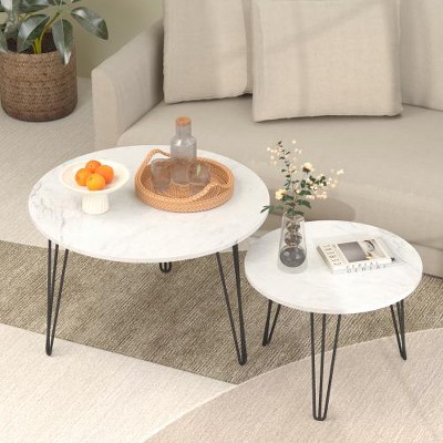 LIVAREEmlen Round Nesting Coffee Table Set of 2, Circular Nesting End Table Set, Round Marble Tabletop, and Sturdy Metal Base, White