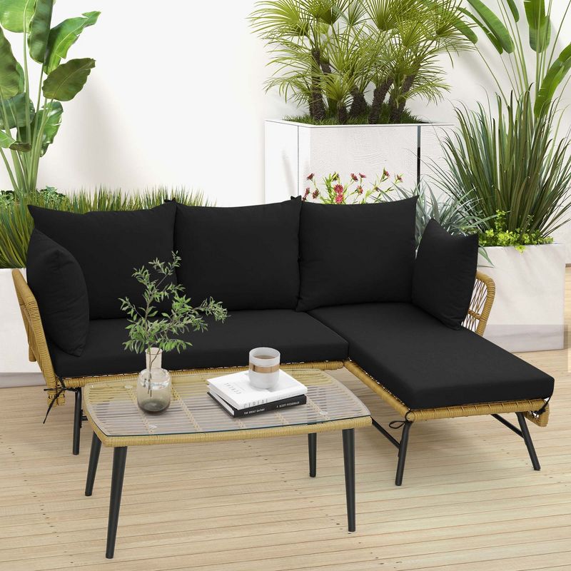 Costway 3 PCS L-Shaped Patio Sofa Set Conversation Furniture with Cushions Deck Garden Black/Beige, 2 of 11