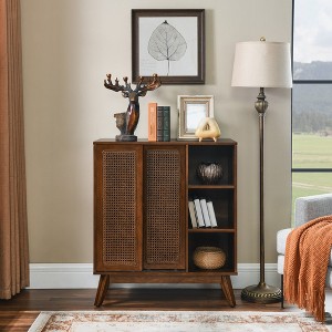 VYNXARIA Mid Century Modern Rattan Sideboard Cabinet, Buffet Cabinet for Entryway Hallway Living Room Kitchen Dining Room,Dark Wood - 1 of 4