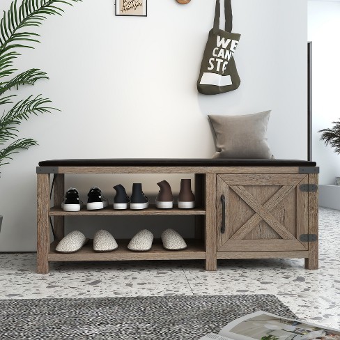 Entryway Storage Bench with Cushioned Seat, Shoe Rack and Drawers  White-ModernLuxe