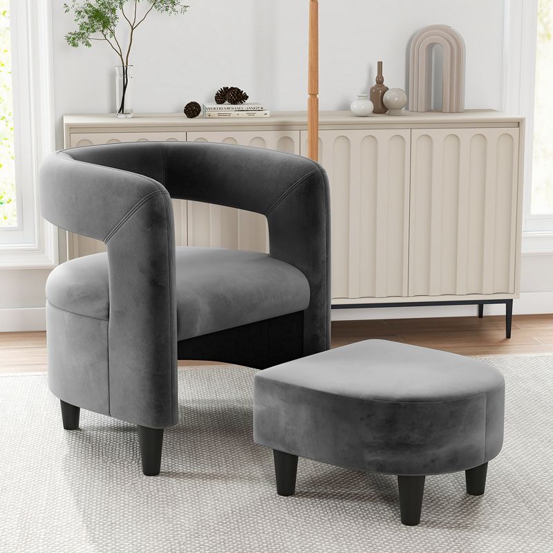 Costway Comfy Accent Armchair with Footrest Upholstered Velvet Barrel Chair & Ottoman Set Dark Grey/Beige, 4 of 11