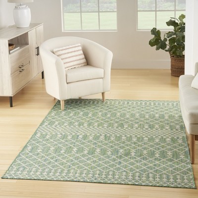 Positano Blue Green Moroccan Trellis Flatweave Outdoor Rug 7' x 10'