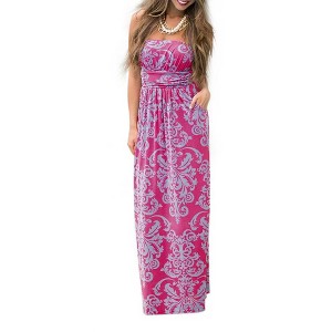 Women Strapless Floral Print Bohemian Boho Maxi Dress Casual Off Shoulder Beach Party Dress with Pockets - 1 of 4