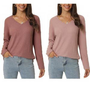 INSPIRE CHIC Women's V Neck Waffle Knit Long Sleeve Casual Tunic Blouses 2 Packs - 1 of 4