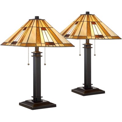 Robert Louis Tiffany Mission Table Lamps Set of 2 Bronze Cone Art Glass Shade for Living Room Family Bedroom Bedside Nightstand