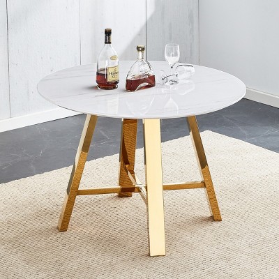 Modern Round Kitchen Table,Dining Table With Imitation Marble Texture Tabletop And Stainless Steel Metal Legs,MDF Coffee Table-Coolbibila