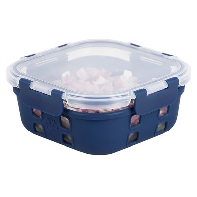 Michael Graves Design Square 27 Ounce High Borosilicate Glass Food Storage Container with Plastic Lid, Indigo