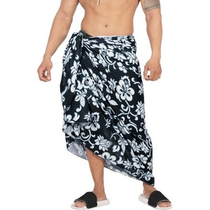 LA LEELA Men's Hawaiian Lava Lava Beach Sarong Wrap Beachwear Cover-Up Summer Long Swimwear Vacation Cover Up For Men One Size Onyx, Floral - 1 of 4