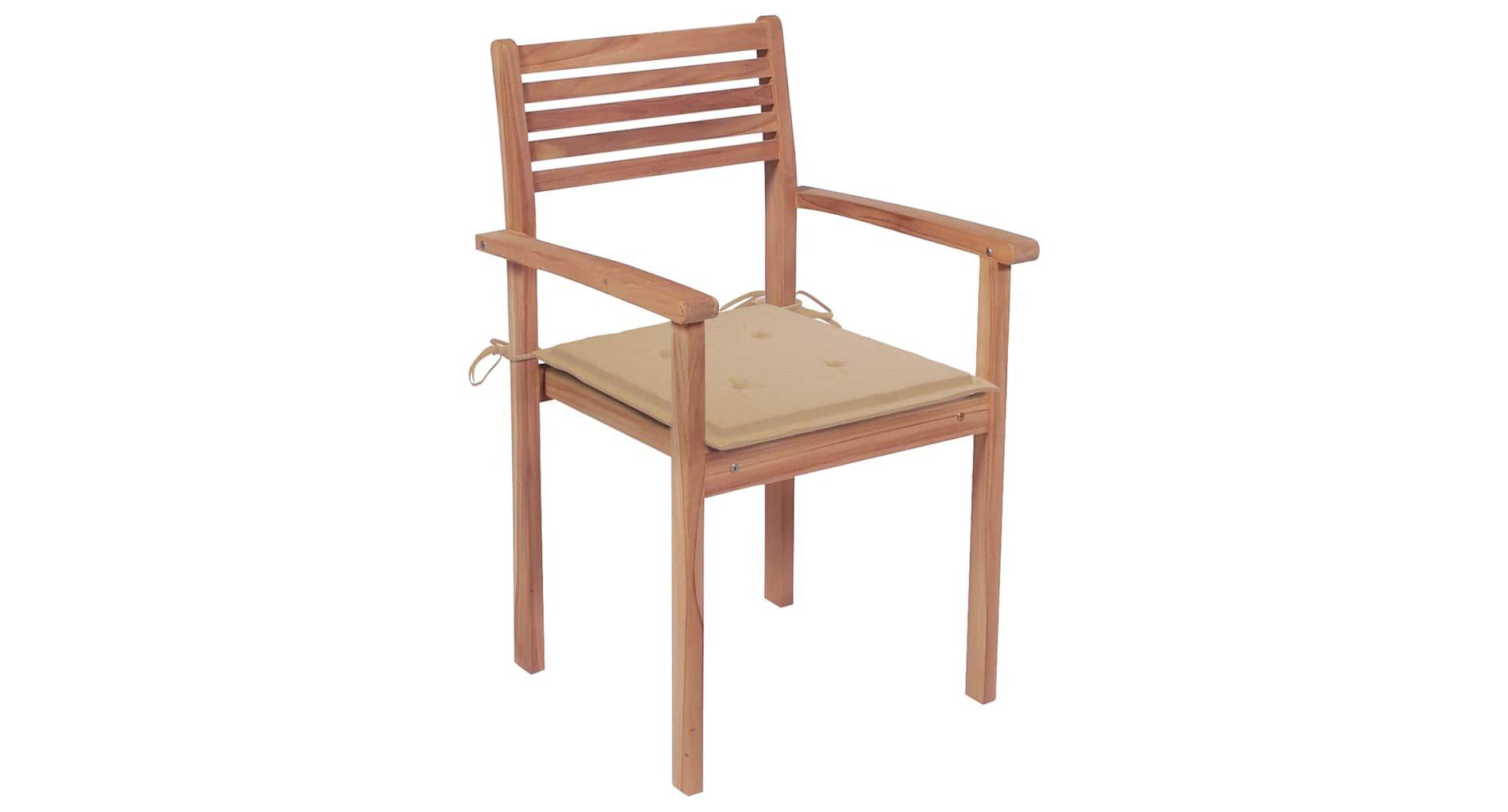 vidaXL Set of 2 Patio Chairs with Beige Cushions - Stackable Outdoor Furniture Made from Solid Teak Wood - Ideal for Homes, Offices, Bars, and Cafes