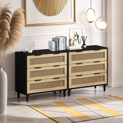 RISOKEYS 3 Drawer Dresser for Bedroom (Set of 2), Wooden Rattan Dresser Chest of Drawers, for Bedroom,Living Room,Dining Room,Hallways