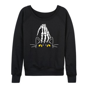 Women's - Instant Message - Skeleton Hand Petting Black Cat Lightweight French Terry Wide Neck Long Sleeve Shirt - 1 of 4