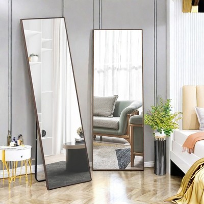 FURNIinspire Full Length Mirrors Solid Wood Frame Floor Standing Wall Mirror, Bedroom Foyer Clothing Store, Wall Mounted Mirror, Brown 23"*0.79"*65"
