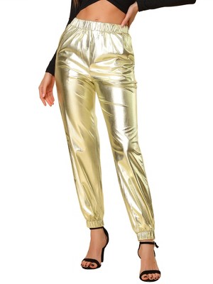 Women Gold Solid Mid Rise Metallic Pants