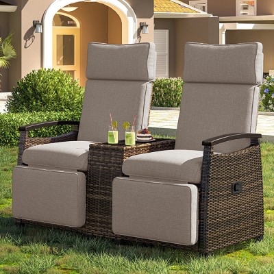 Patio Loveseat Set,Wicker Outdoor Lounge Chair With Cushions And Storage Table,Adjustable Backrest,Wooden Armrest Recliner Chair-Coolbibila