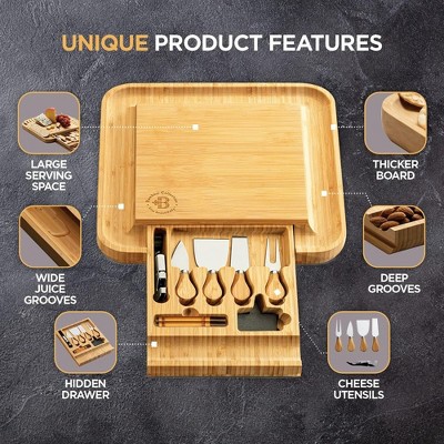 Eco-Friendly Light Brown Bamboo Cheese Board Set with Cutlery Drawer