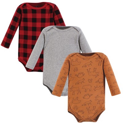 Image of Hudson Baby Infant Boy Cotton Long-Sleeve Bodysuits, Into The Woods Prints 3-Pack, 9-12 Months