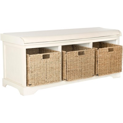 White Pine Storage Bench with Wicker Baskets and Cushion