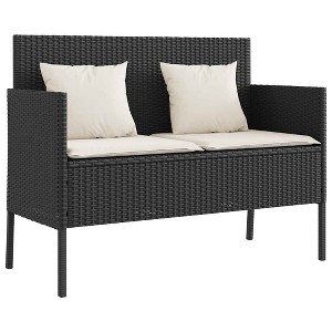 vidaXL Outdoor Poly Rattan Loveseat Bench - Black Patio Seating with Cream Cushions, Under Seat Storage, Powder-Coated Steel Frame - 1 of 4