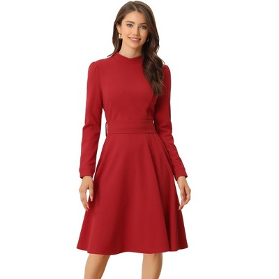 Allegra K Women's Elegant Work Sheath Mock Neck Flare Long Sleeve Knit Midi Dress