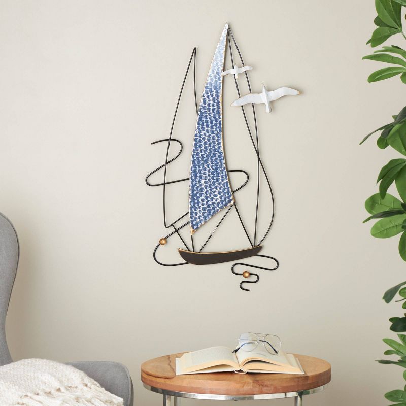 30&#34;x15&#34; Metal Sail Boat Wall Decor with Black Wire Outline and White Bird Accents Blue - Olivia &#38; May, 2 of 11