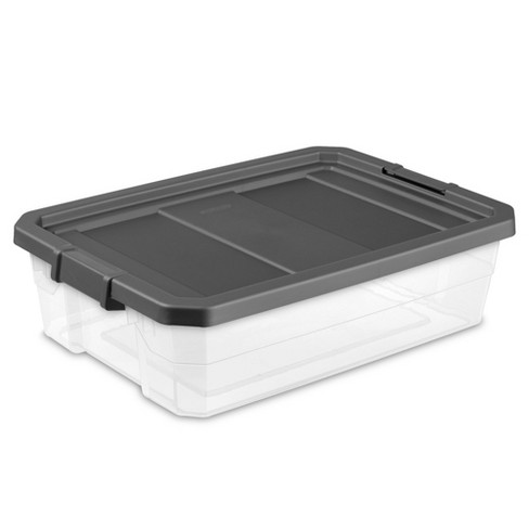 Sterilite 40 Quart Plastic Stacker Box, Lidded Storage Bin Container for  Home and Garage Organizing, Shoes, Tools, Clear Base & Gray Lid, 24-Pack