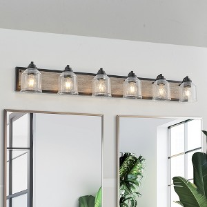 DOMETOUR 49'' Farmhouse Vanity Light, 6-Light Bathroom Sconce, Clear Seeded Glass Shades, Black Wood Grain Finish, Modern Industrial Design - 1 of 4