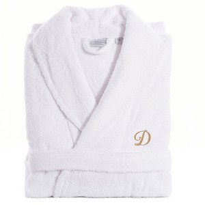 Linum Home Textiles 100% Turkish Cotton Unisex Personalized Terry Bathrobe White in Gold Script Font - 1 of 2