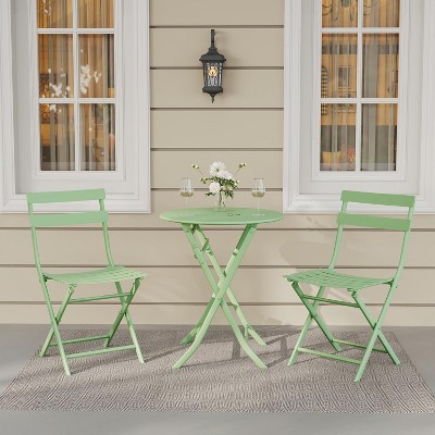 Jojoka 3-Piece Patio Bistro Set with Round Table & 2 Folding Chairs, Powder-Coated Iron Frame, Space-Saving and Portable, Green