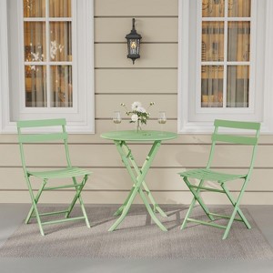 Jojoka 3-Piece Patio Bistro Set with Round Table & 2 Folding Chairs, Powder-Coated Iron Frame, Space-Saving and Portable, Green - 1 of 4