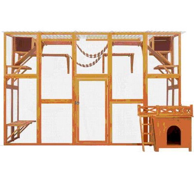 Gsluuk Outdoor Cat house Cat shelves Natural wood Playground Cat Window Box Outside Enclosure Weather protection