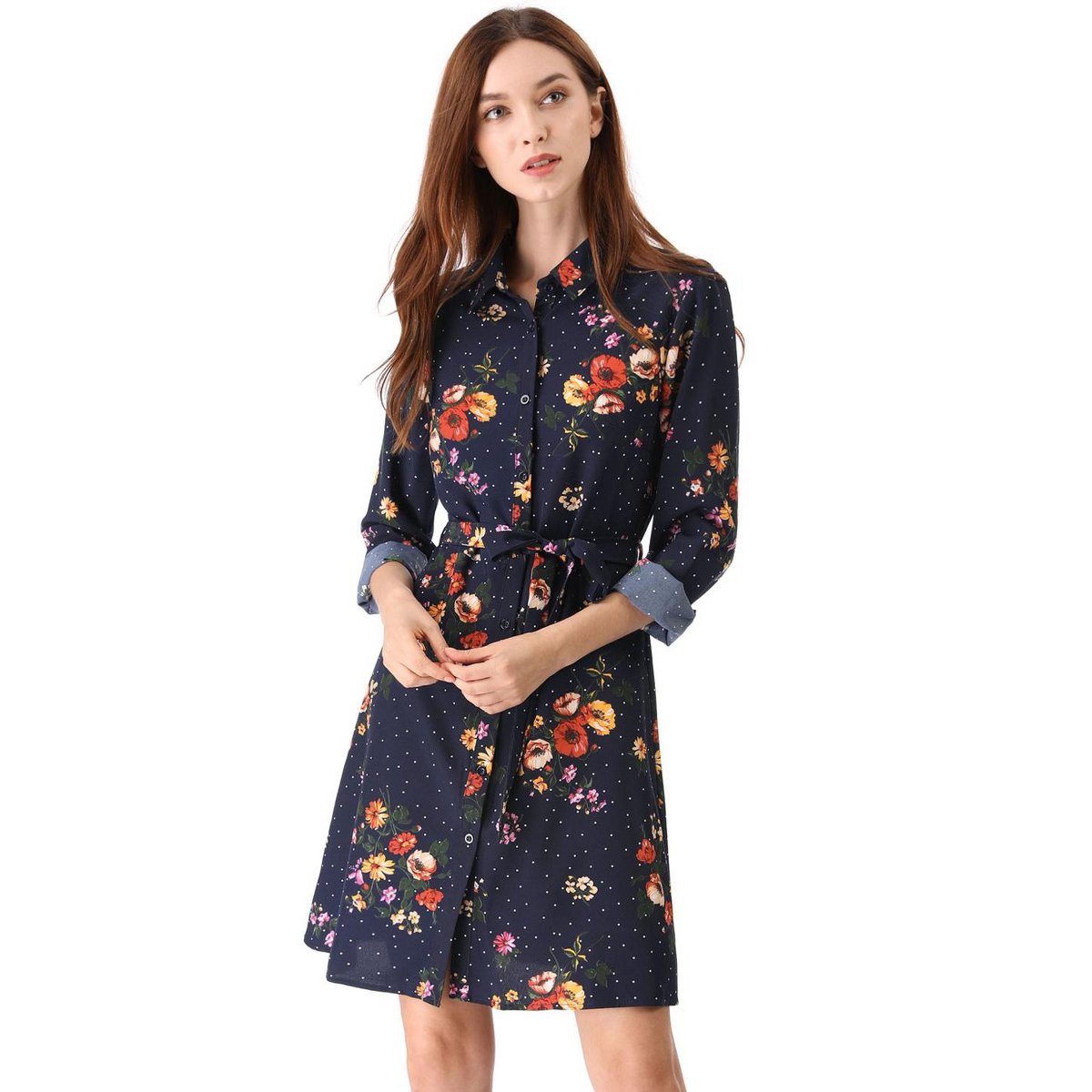 Женские платья INSPIRE CHIC Women's Lapel Button Down Belted Mini Vintage Polka Dots Floral Shirt Dress Small Dark Blue — фото 3