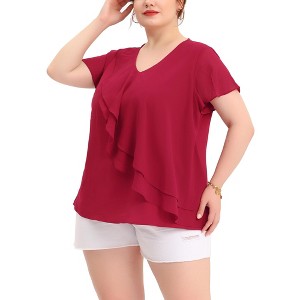 Agnes Orinda Women's Plus Size Top V Neck Flutter Sleeves Layered Chiffon Ruffle Elegant Blouses - 1 of 4