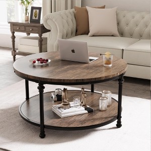 2-Tier Round Wood Coffee Table with Storage Shelf, Rustic Circle Center Table with Roman Column Metal Frame for Living Room, Brown - 1 of 4