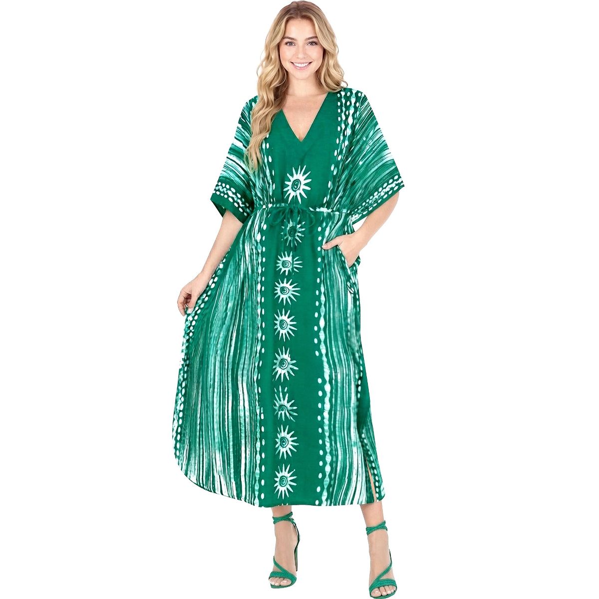 LA LEELA Summer Cotton Resortwear Caftan for Women Vacation Holiday Cruise Lounge Dress Flowy Relaxed Beach Travel Outfit 2X-3X Green Sun