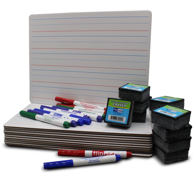 Flipside Products Magnetic Two-Sided Dry Erase Boards, Red & Blue Ruled/Plain, 9" x 12", with Erasers & Colored Pens, Class Pack of 12, 1 of 2