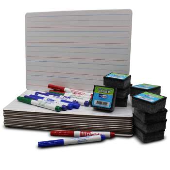 Flipside Products Magnetic Two-Sided Dry Erase Boards, Red & Blue Ruled/Plain, 9" x 12", with Erasers & Colored Pens, Class Pack of 12
